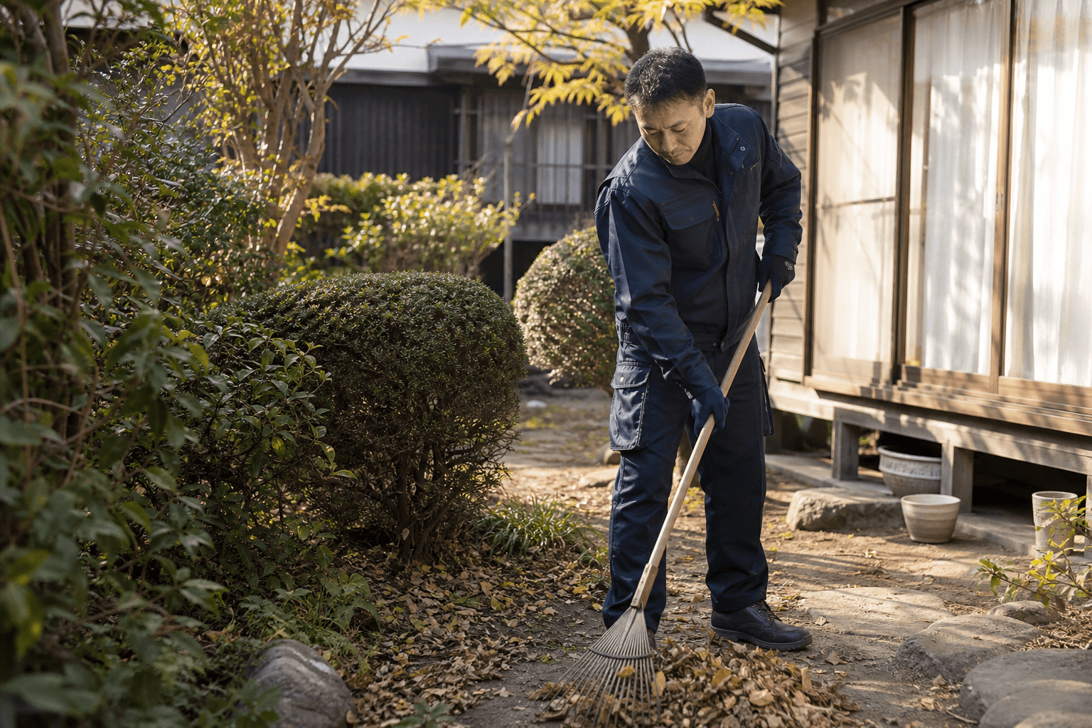 庭で落ち葉を掃除する便利屋の男性
