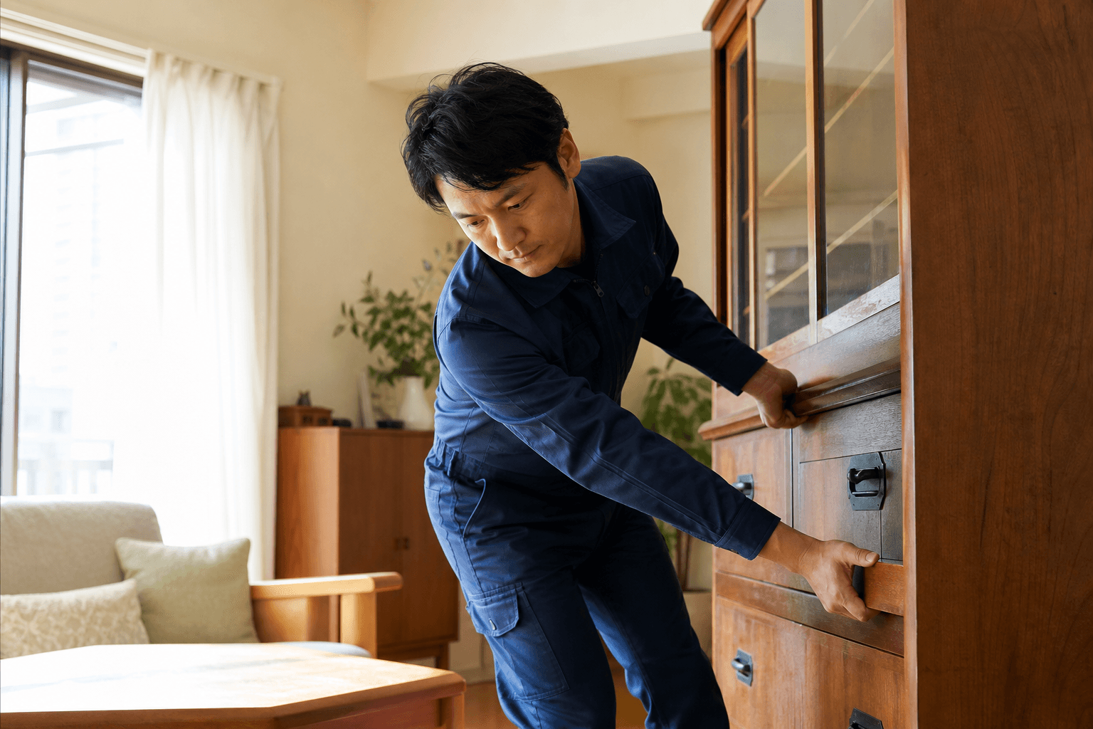 室内で大型の家具を移動させる便利屋の男性
